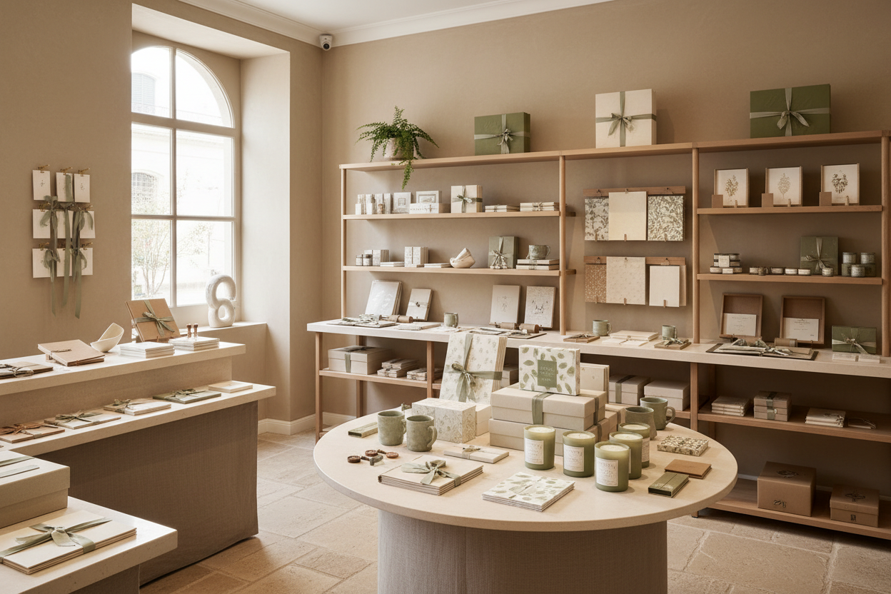 Crie um fundo de uma boutique de papeterie & cadeaux, tons neutros, naturais, orgânicos, com detalhes em verde sage 